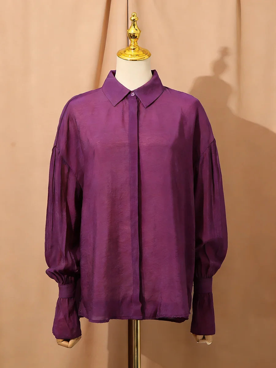 Lazy French Minimalist Style Solid Shirt for Women Lapel Long Sleeve Button Design Sheer Fabric for Daily Street Shopping