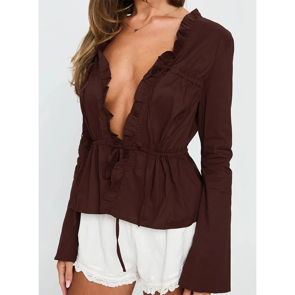 Women Spring Fall Vintage Aesthetic Ruffles Blouse Shirts Elegant Long Sleeve V-neck Tie-up Front Blouses Female Chic Tops