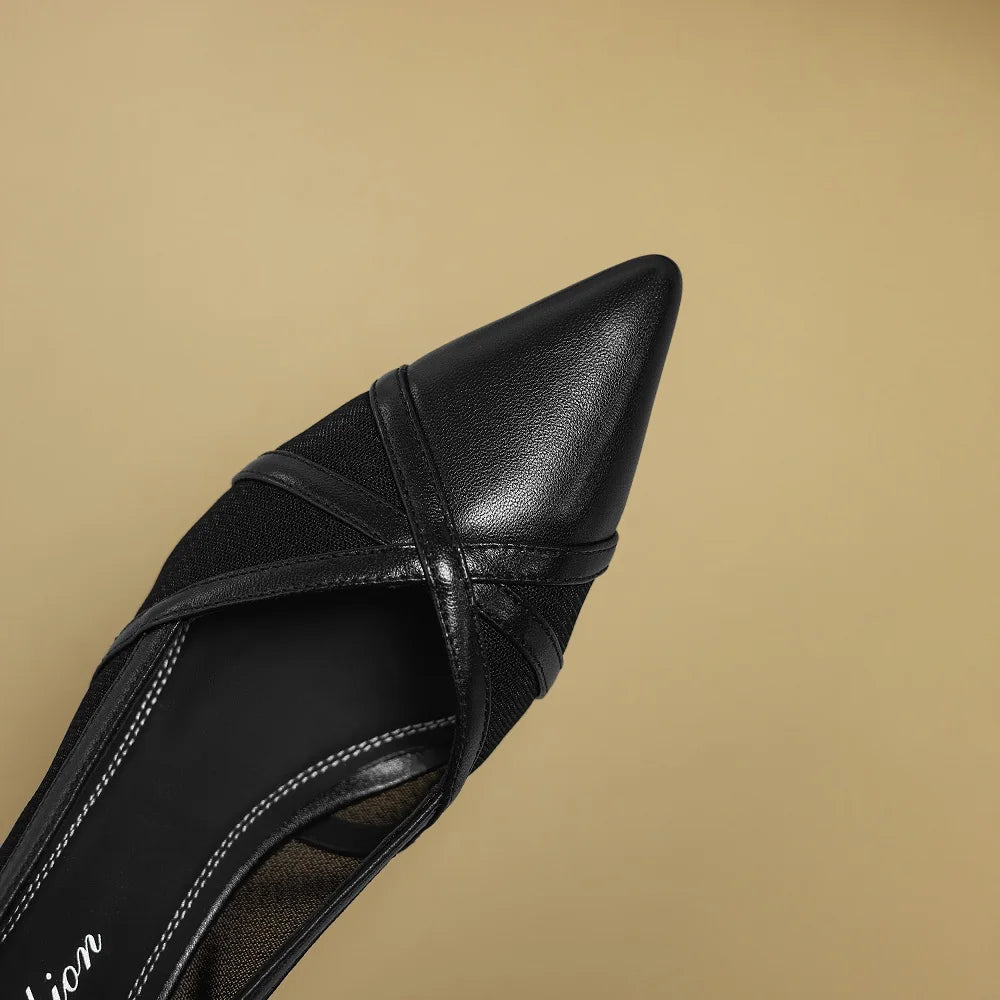 New Women Handmade Genuine Leather Breathable mesh fabric High Heels Elegant Pointed Toe Casual Shoes 34-40