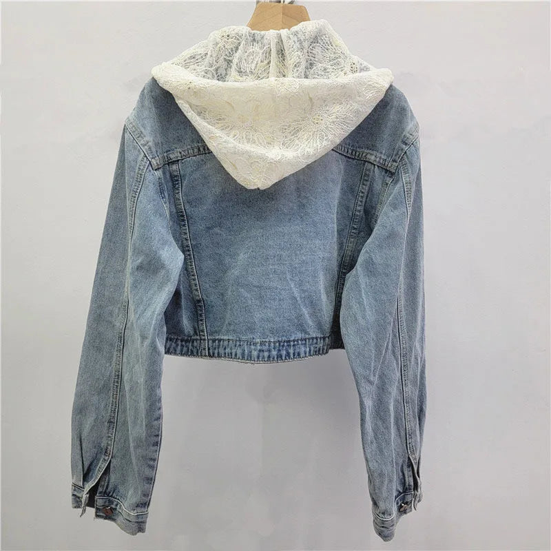 2026  Jeans Jacket Fashion New Style Lace Patchwork Hooded Denim Short Jacket For Women Single-breasted Coat Female Trend 11A08133