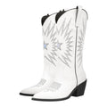 Onlymaker Women Pointed Toe White Pull-on Knee High Cowgirl Boots Big Size Fashion Comfy Women Embroidery Cowboy Boots