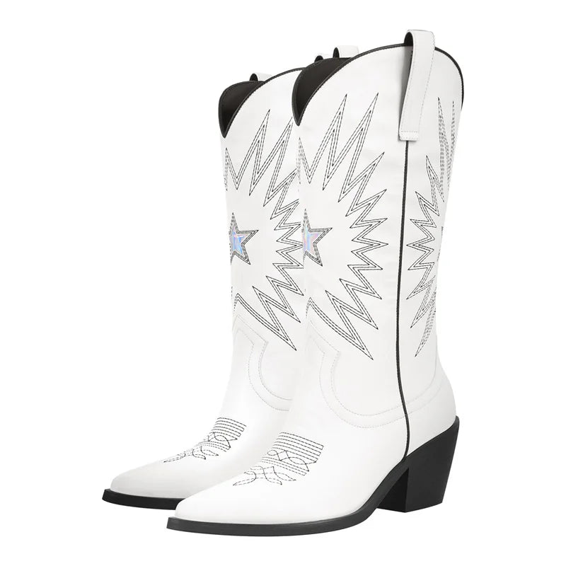 Onlymaker Women Pointed Toe White Pull-on Knee High Cowgirl Boots Big Size Fashion Comfy Women Embroidery Cowboy Boots