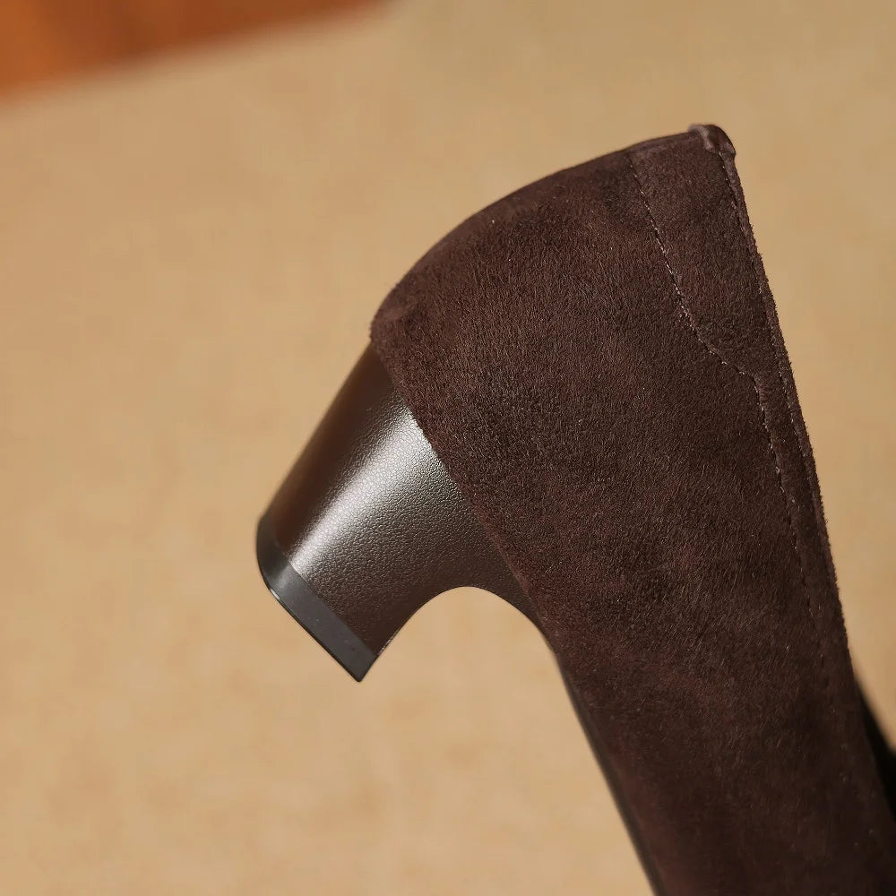 Women Handmade Suede Round Toe Vintage Metal Decoration Solid Color Casual Mid Hells Shoes Female 34-40