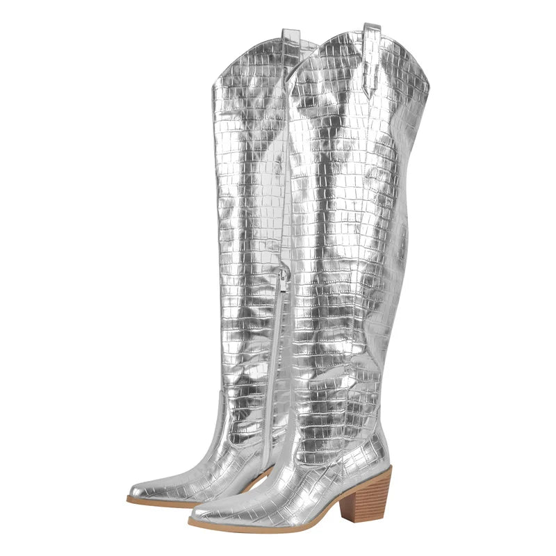 Onlymaker Women Pointed Toe Silver Over The Knee Boots  Chunky Heel Fashion Handmade Female Boots