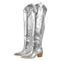 Onlymaker Women Pointed Toe Silver Over The Knee Boots  Chunky Heel Fashion Handmade Female Boots