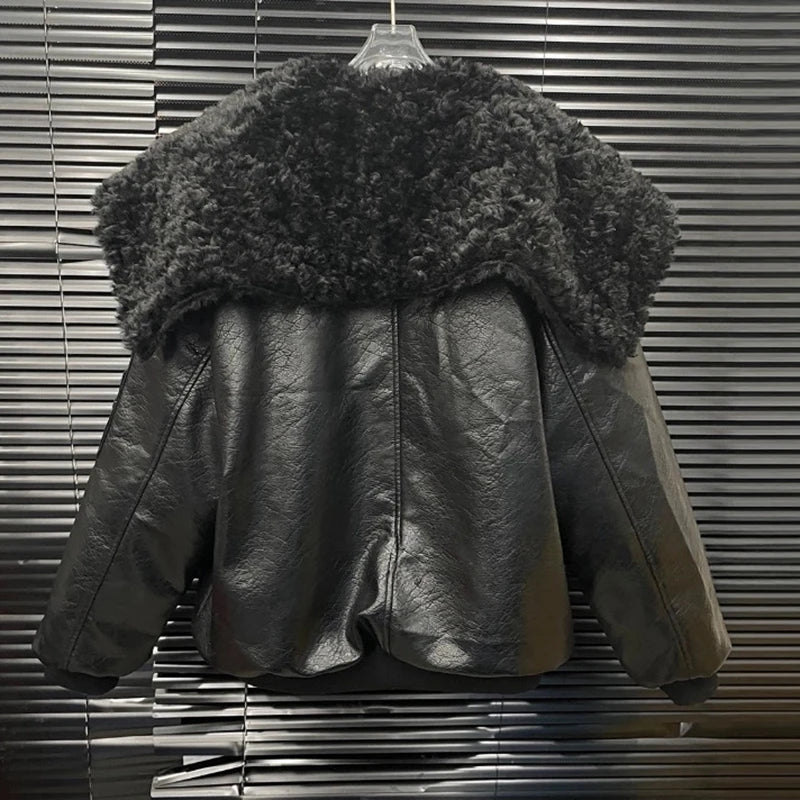 2026 Autumn Winter New Large Lapel Thickened Leather Jacket For Women Street Style Loose Quilted Coat Female 1A1353