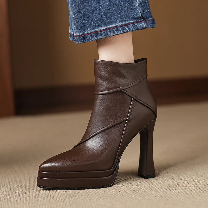 Handmade Genuine Leather Women New High Quality Short Ankle Boots Pointed Zipper Thick High Heels Boots 34-40