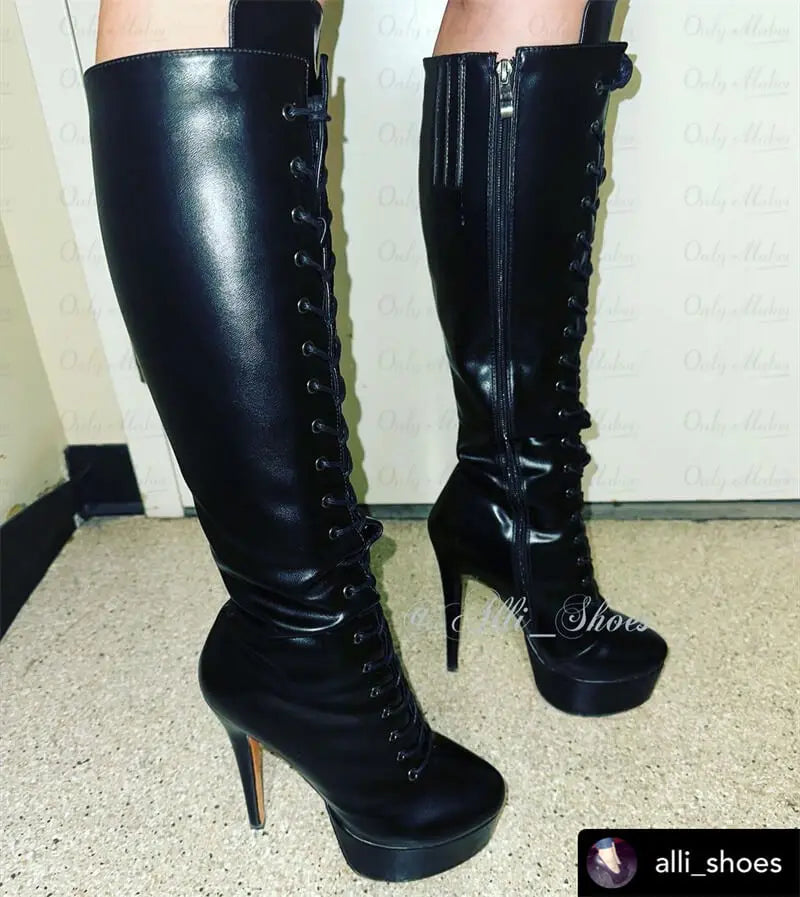 Onlymaker Women Platform The Knee High Boots Front Lace-Up Thin Heel Stiletto Stretch Big Size Winter Sexy Woman Boots