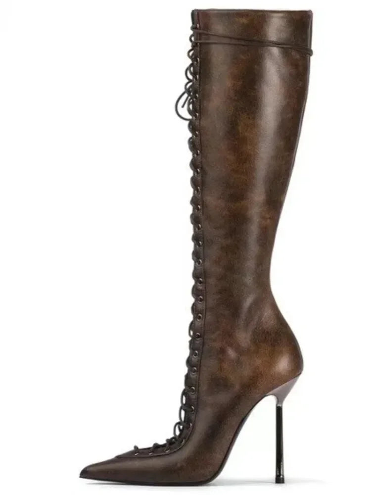 2026 Spring/Summer New Lace Short Mesh Cool Boots Side Zipper Banquet Slimming High Heels Sexy Knee Length Women's Boots