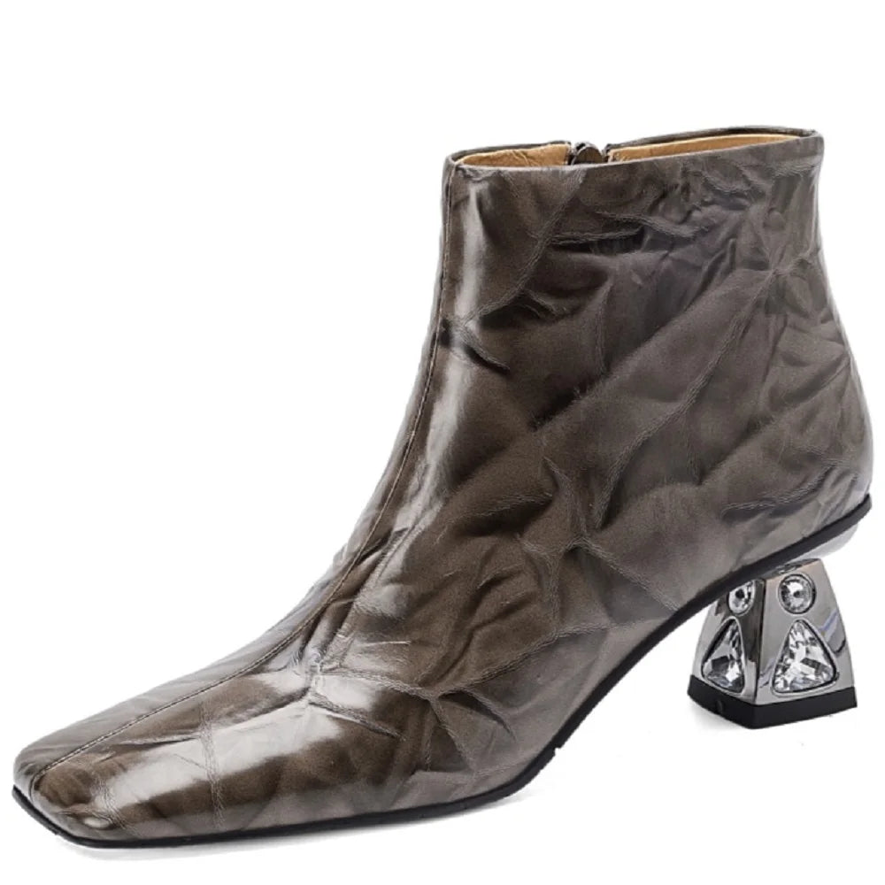 New Women Handmade Genuine Leather High Heels Zipper Boots Autumn Winter Square Toe Strange Heel Ankle Boot 34-40