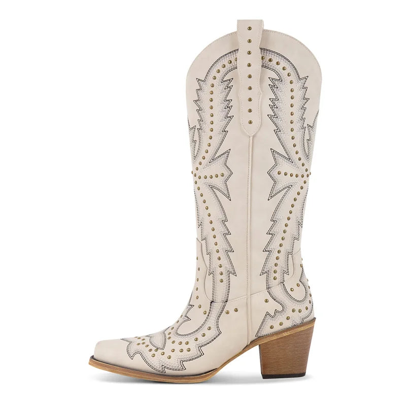 Onlymaker Women Pointed Toe Mid Calf  Pull-on Knee High Cowgirl Boots Comfy  Chunky Heel Western Boots