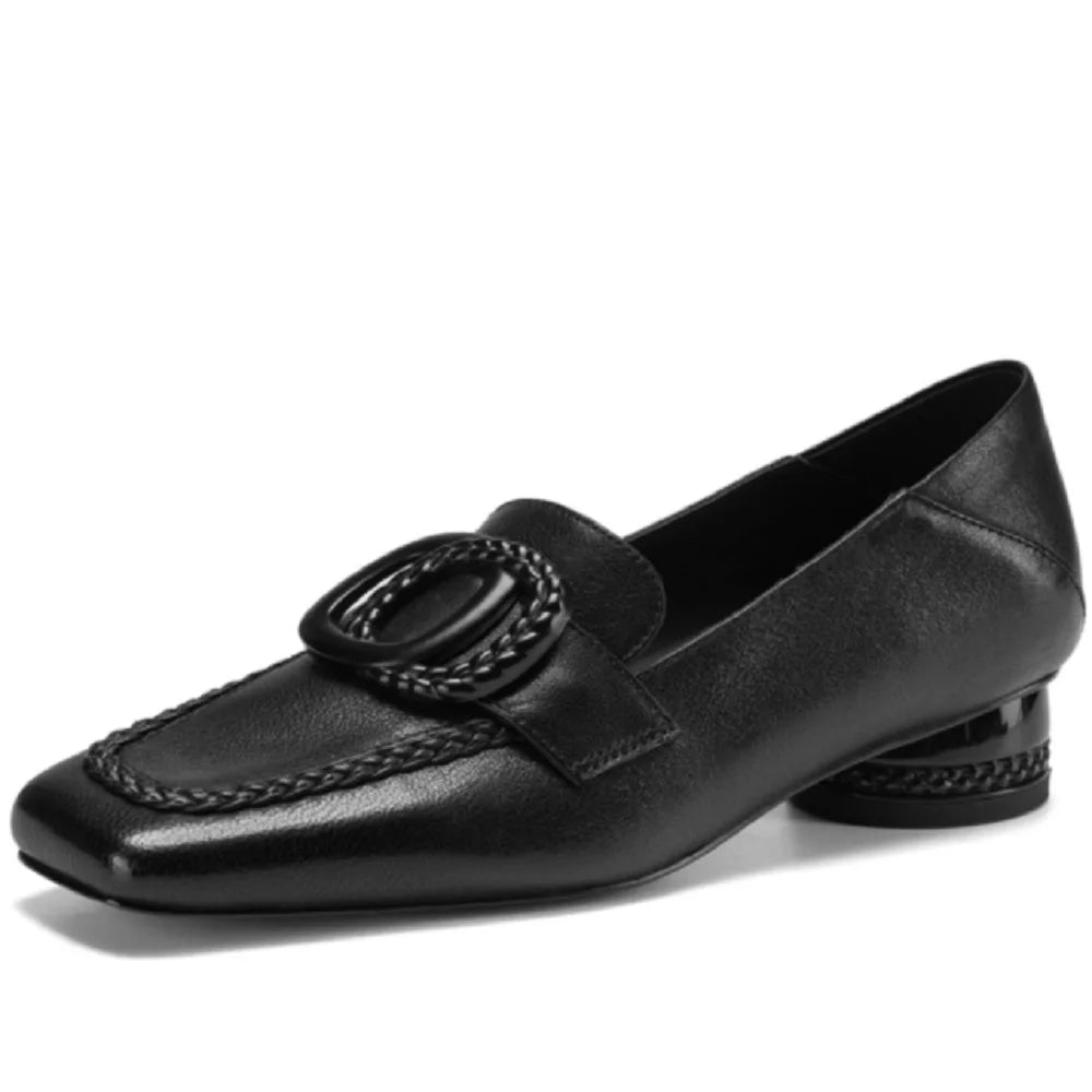 Women Handmade Genuine Leather Retro Slip On Med Heels Shoes Elegant Chunky Heels Single Shoes 34-40
