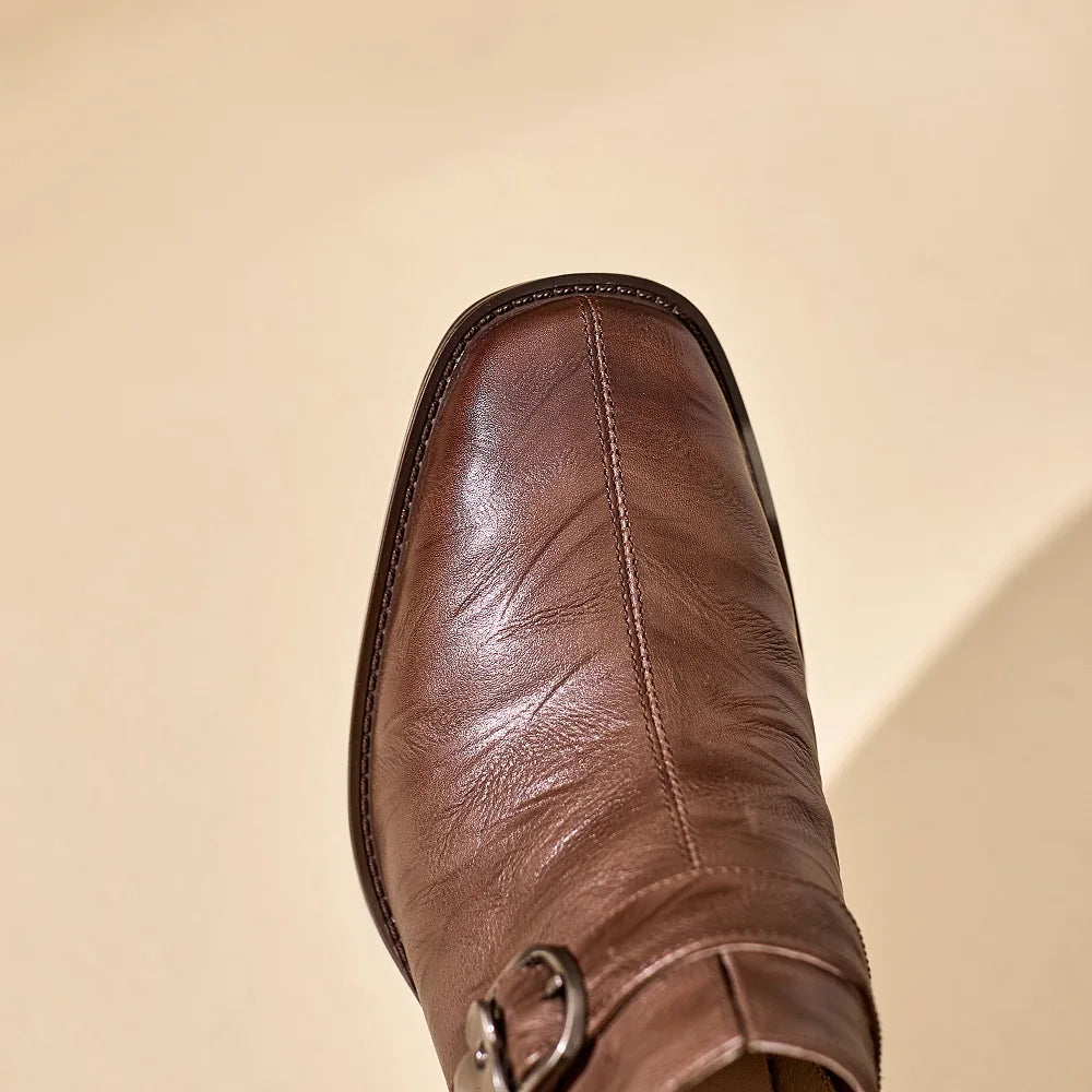 Handmade Soft Genuine Leather Women Elegant Deep Mouth Thick Heels Office Business Dress Waterproof Shoes 34-40