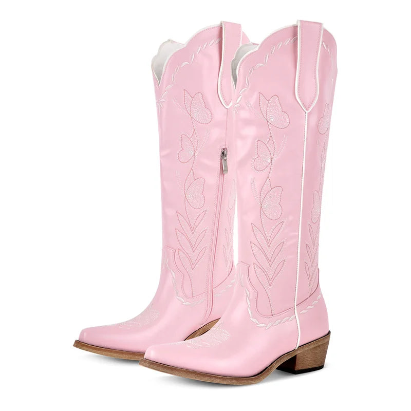 Onlymaker Women Pink Pointed Toe Pull-on Knee High Cowgirl Boots Big Size Comfy Female Mid Calf Chunky Heels Cowboy Boots