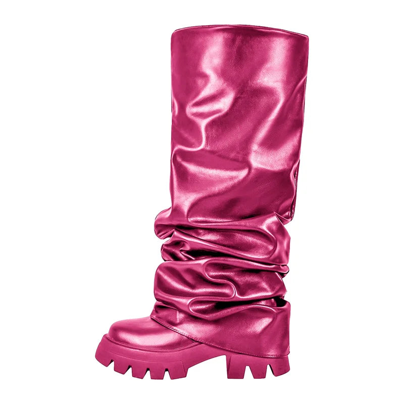 Onlymaker Women Green Round Toe Fold Over Boots Webs Fashion Handmade Female Mid-Calf Boots