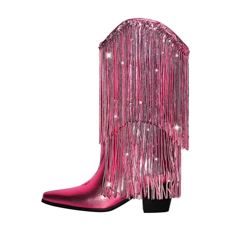 Female Black Rhinestone Mid-Calf Fringe Cowboy Boots Bling Party Women Boots