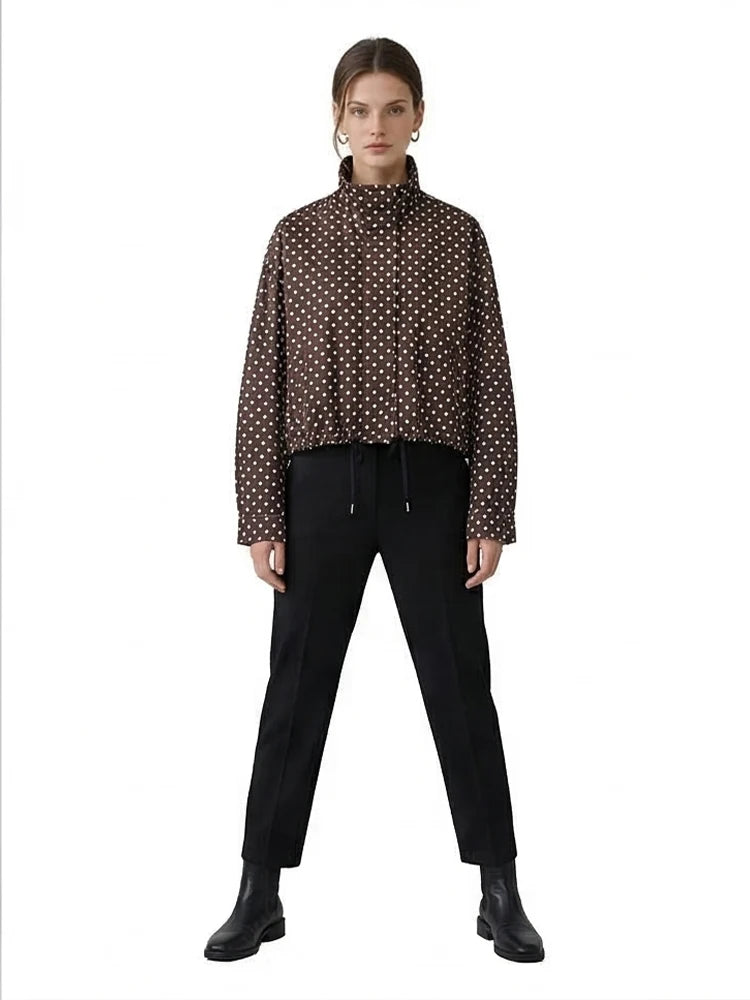 Women's Dot Jackets Fashion Lace Up Front Zipper Casual High Neck Long Sleeves Female Elegant Chic Lady Outfits