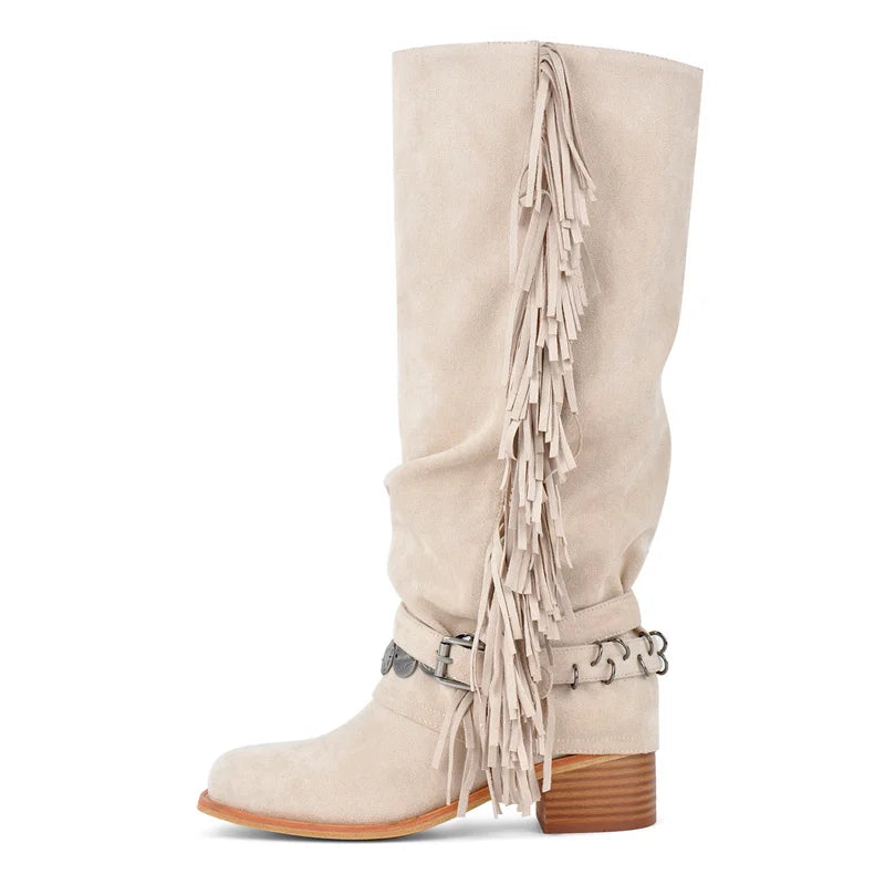 Onlymaker Women Round Toe Fold Over Fringe Knee High Boots Block Heel Fashion  Boots