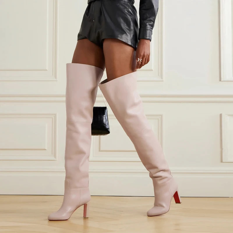 2026 Women's New Black Leather Round Toe Over The Knee Women's Boots, Thick High Heels, Fashionable Size 34-46 Large Women's Boots