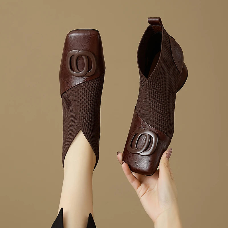 Handmade Brand Genuine Leather Women Ankle Boots Mid Heels Square toe Autumn Winter Dress Party Lady 34-43