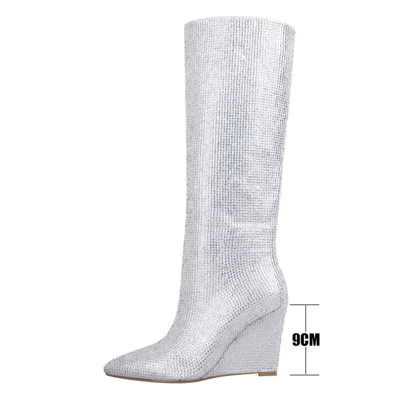 Onlymaker Wedges Heel Crystal-Embellished  Knee Boots Rhinestone  Western Cowboy Fashion Party Dress Winter Boots