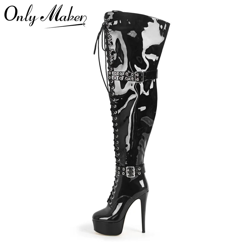 Onlymaker Women Round Toe Platform Over The Knee Boots Buckle Side Zipper Sexy  Party Dress Stiletto Thigh High Boots