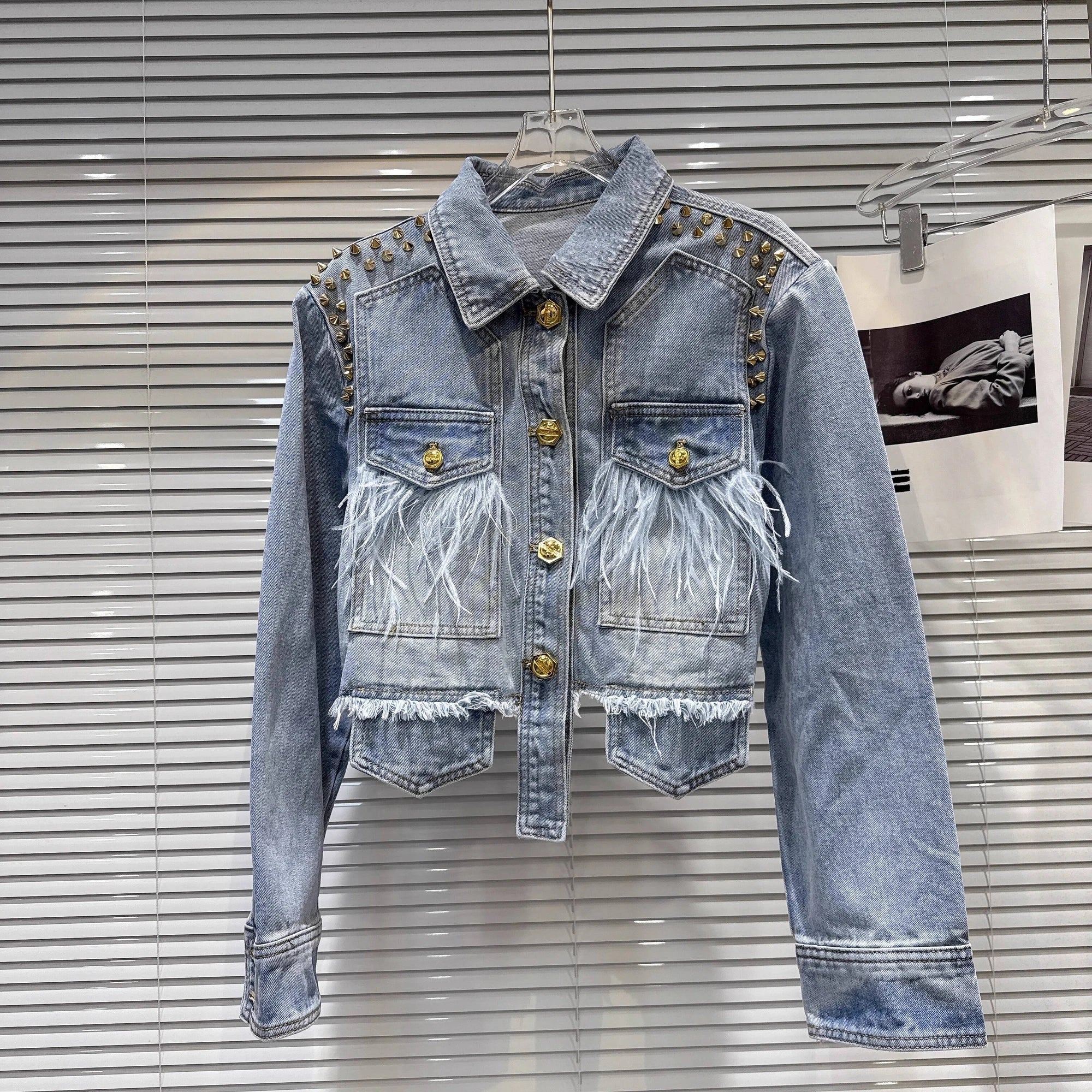 2026 Autumn New Street Style Heavy Industry Rivet Denim Jacket For Women Feather Beaded Wide-leg Shorts Female 11A06375