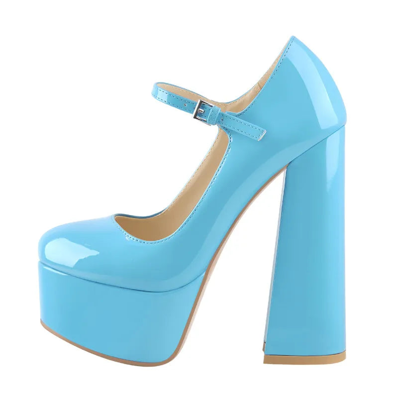 Women Pumps Mary-Jane Platform Black Pink Chunky 16CM High Heels Ankle Strap Dress Party Hoof Heel Plus Size Shoes