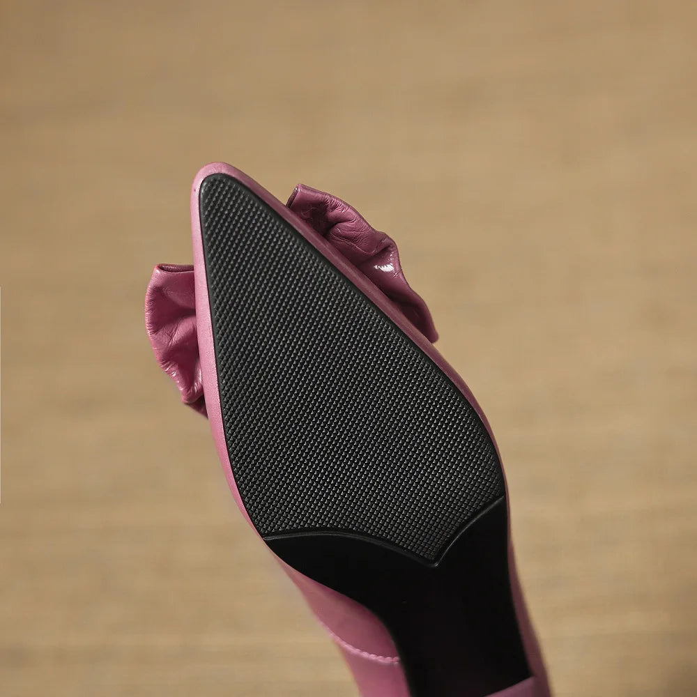 NEW Spring/Autumn Women Handmade Genuine Leather Women Pointed Toe Mid Heel Sweet Bow-knot Shallow Shoes 33-40