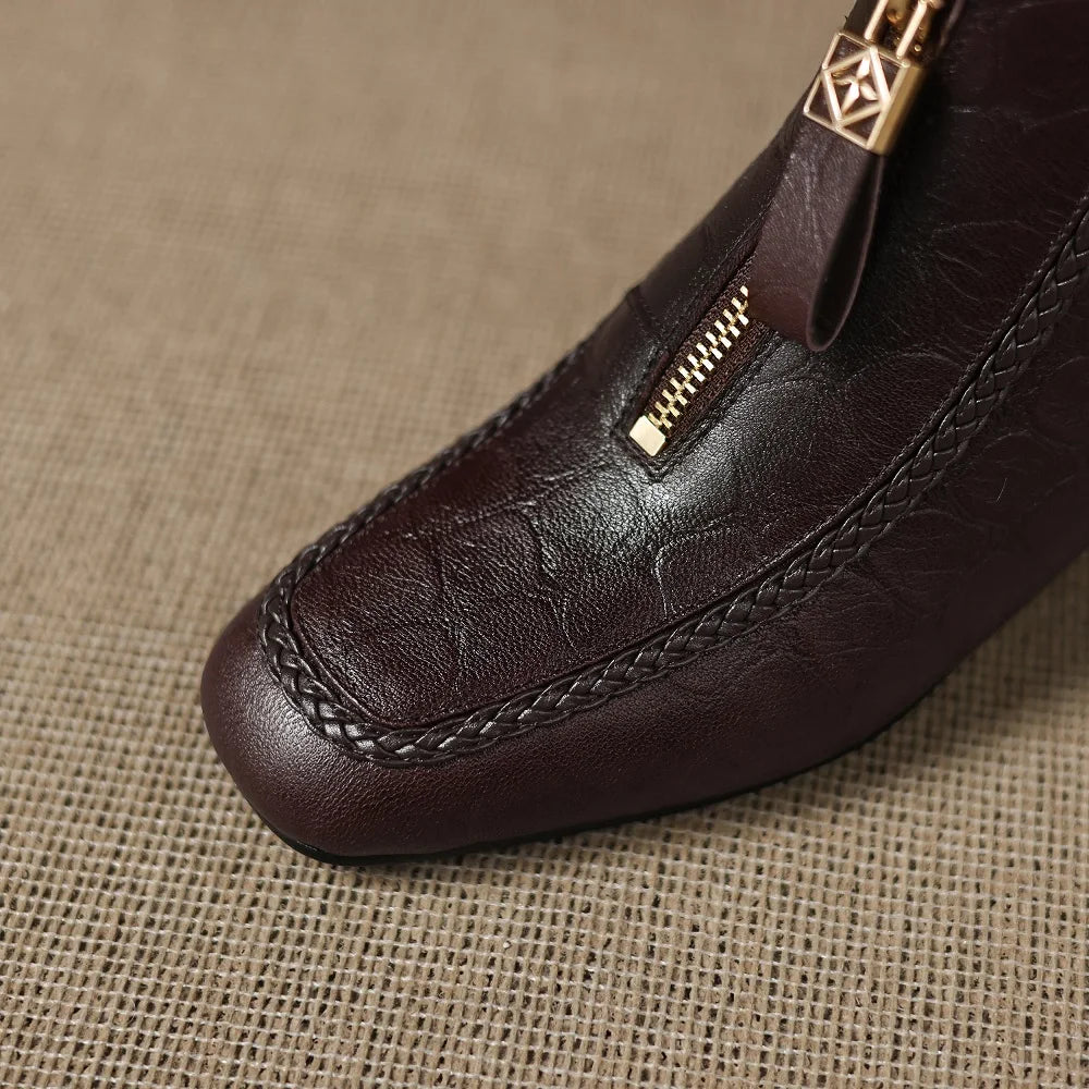 New Women Handmade Genuine Leather Soft and comfortable Square Toe Chunky Heel Shoes Modern Ankle Boots