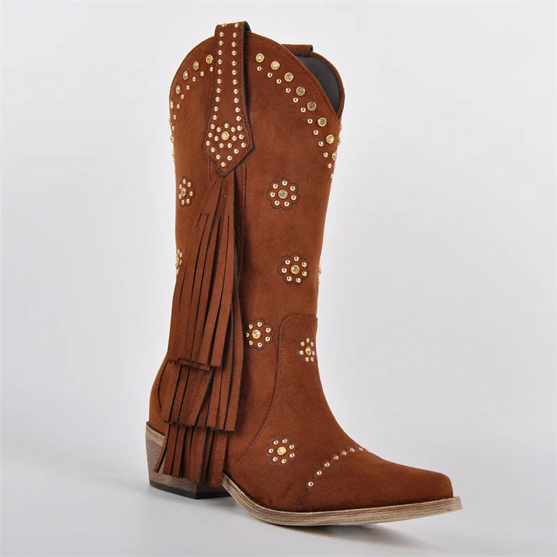 Onlymaker Women Pointed Toe Fringe Pull On Retro Western Cowgirl Boots Fringed Chunky Heel Cowboy Boots