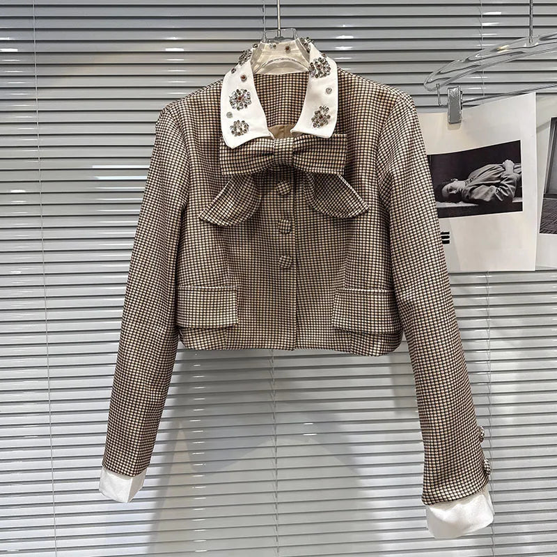 2026 Autumn New Women's Two-pieces Set Bow Tie Scarf Plaid Short Jacket Casual Versatile Belt Shorts Sets Female 11A06528