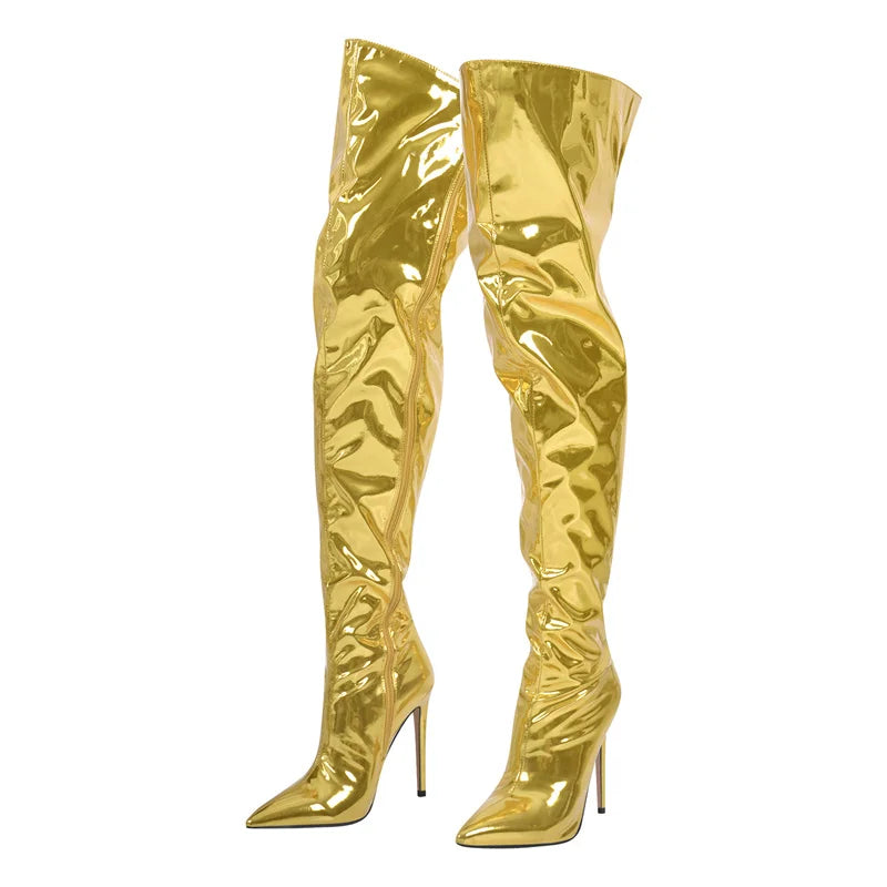 Onlymaker Women Pointed Toe Stiletto Over The Knee Boots Silver Metallic Zipper Fashion Handmade  Big Size Ladies Boots
