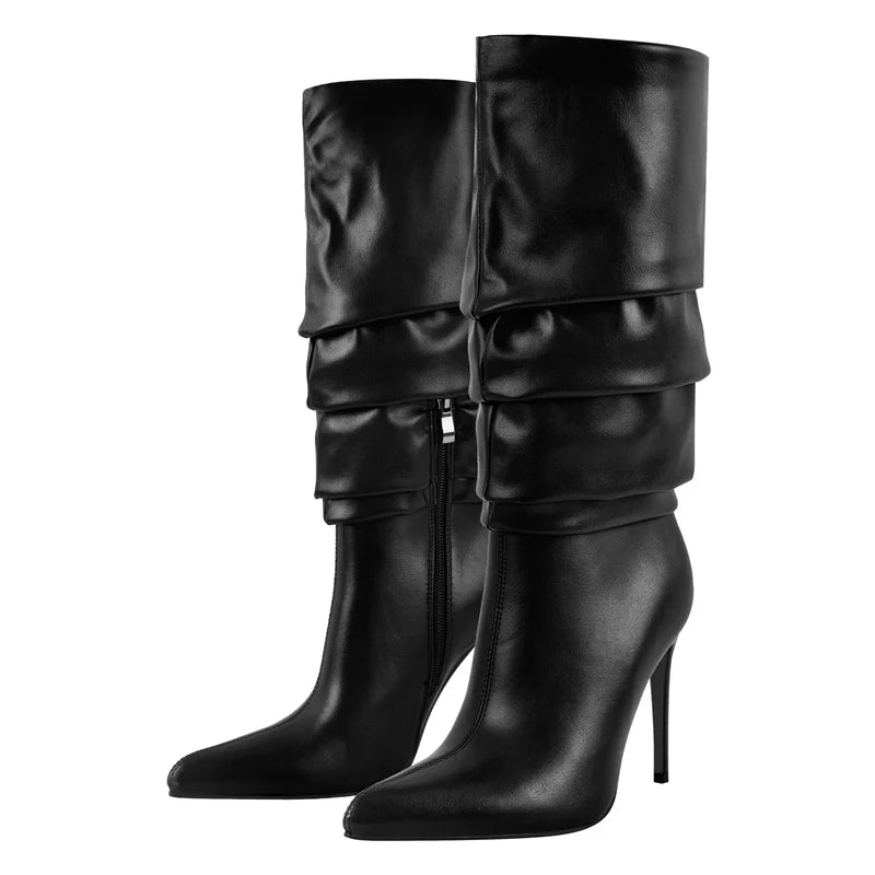 Onlymaker Women Pointed Toe Side Zipper Mid-Calf Boots Thin High Heel Lady  Female High  Stiletto Pleated Boots