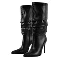 Onlymaker Women Pointed Toe Side Zipper Mid-Calf Boots Thin High Heel Lady  Female High  Stiletto Pleated Boots