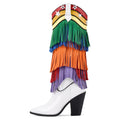 Onlymaker Women Pointed Toe Fringe Rainbow Pull-On Cowboy Boots Knee High Cowgirl Boots