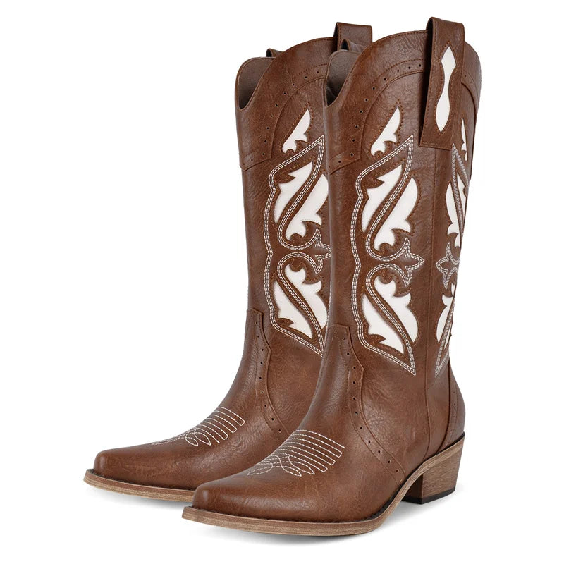 Onlymaker Women Pointed Toe Embroidered Stitched Mid Calf Cowboy Boots Chunky Block Heel Pull On Cowgirl Western Boots