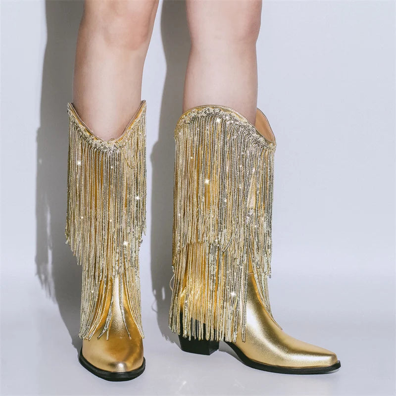 Female Black Rhinestone Mid-Calf Fringe Cowboy Boots Bling Party Women Boots