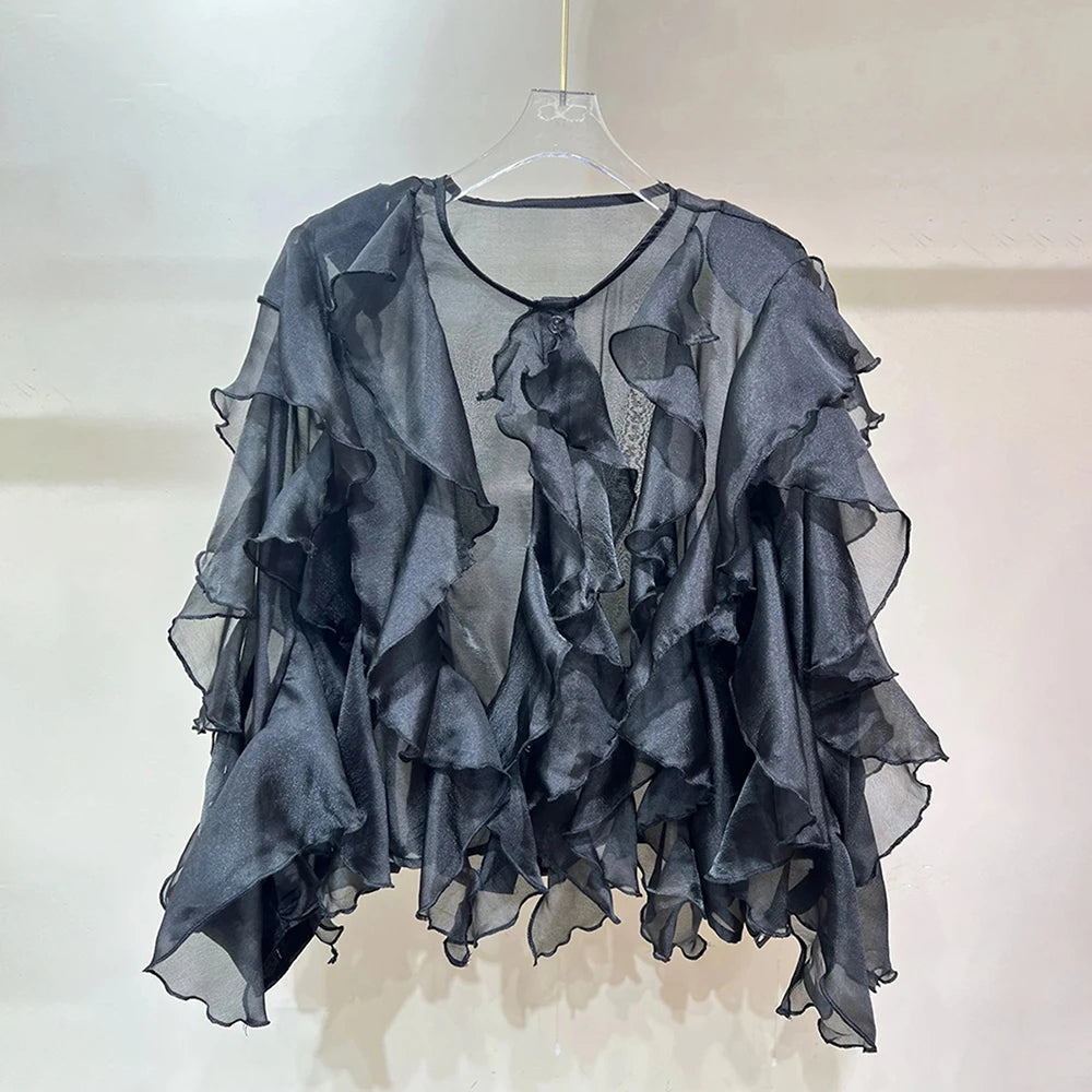 Chic Spliced Ruffles Solid Color Blouse for Women V Neck Long Sleeve Patchwork Sheer Design Loose Shirt Female Fashion Style