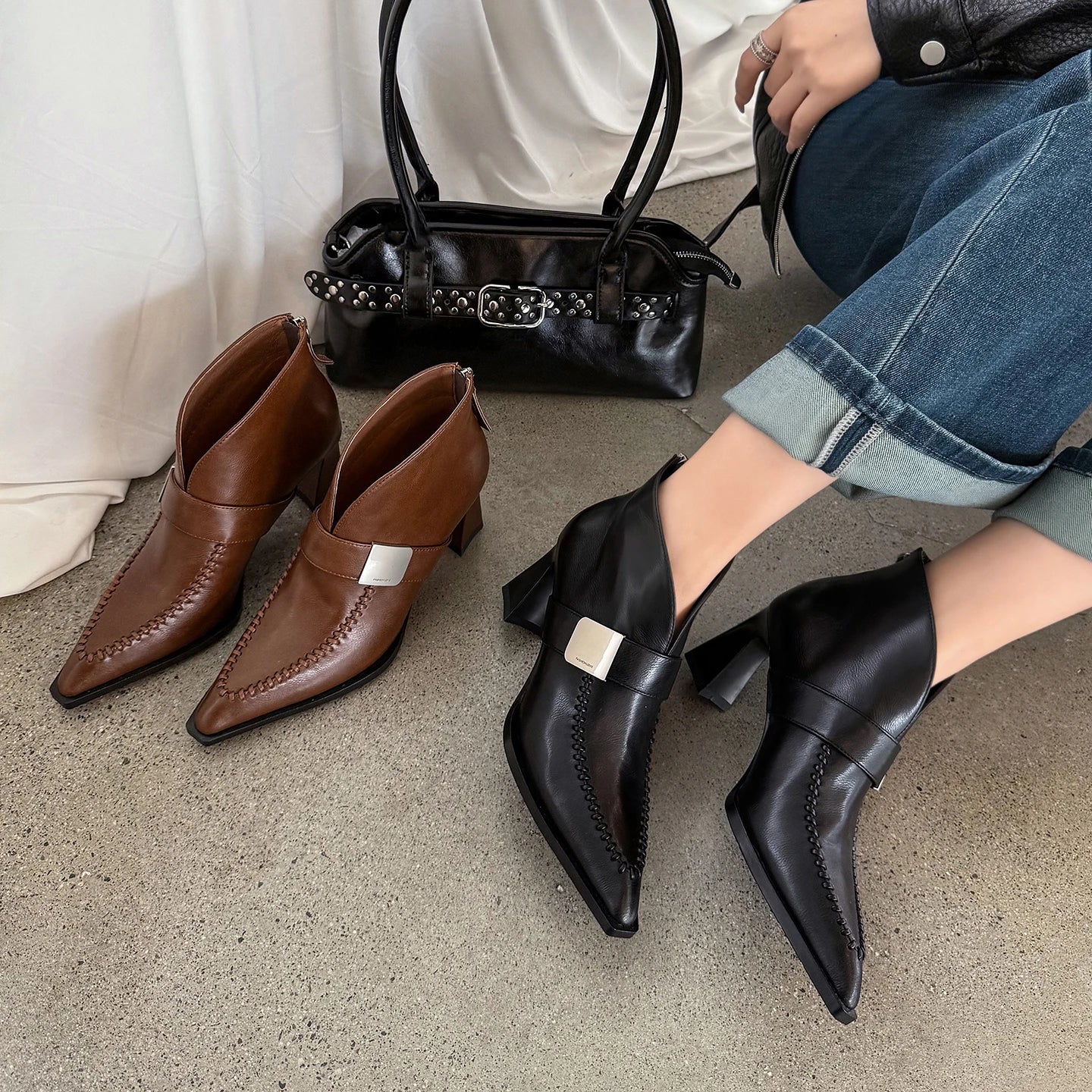 New Handmade Genuine Leather Soft and comfortable Pointed Toe Boots Chunky High Heels Shoes Ankle Boots 33-40