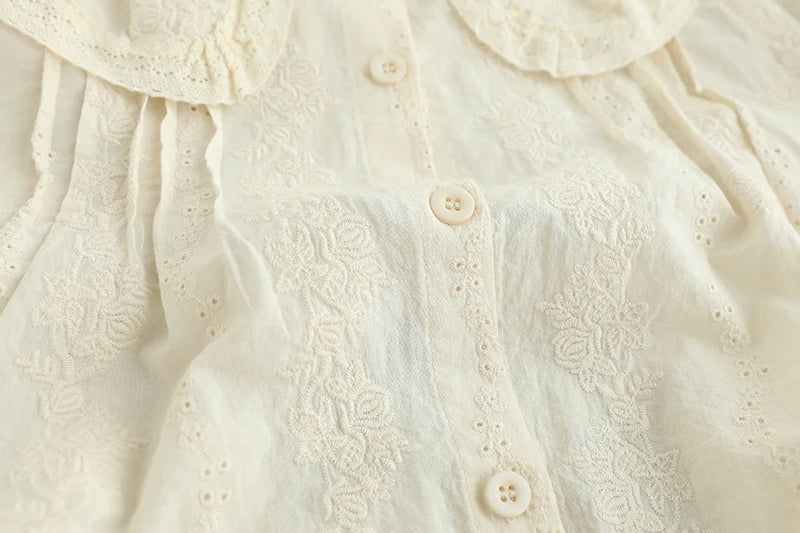 Rococo Victorian Vintage Cotton Lace Embroidery Patchwork Shirt 2025 Summer Ruffled Collar Organza Cottage Core Retro Chic Tops