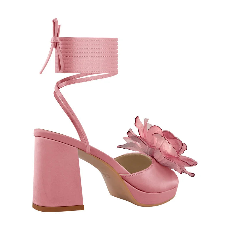 Women Platform Pink Flower Lace-UP Open Toe  Chuny Heeled   Summer Sandals