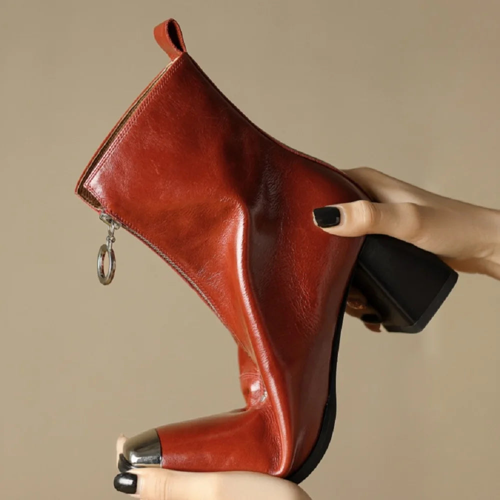 Women Handmade Genuine Leather Ankle Boots Metal High Heels Shoes Winter Square Toe Dress Lady Short Boots 34-40
