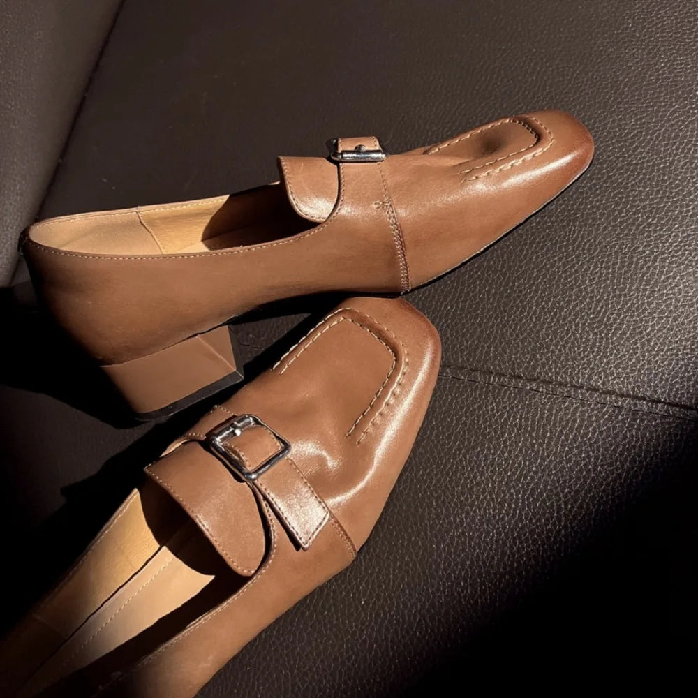 Handmade Genuine Leather Square Toe Thick Belted Women's Shoes Mid Heels Comfortable Cut Buckle Closure 34-40