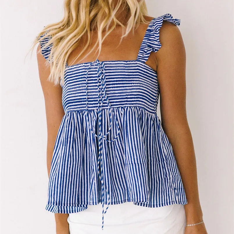 Women Cute Summer Tank Tops Square Neck Ruffled Peplum Shirred Bust Babydoll Top Striped Going Out Shirts for Teens