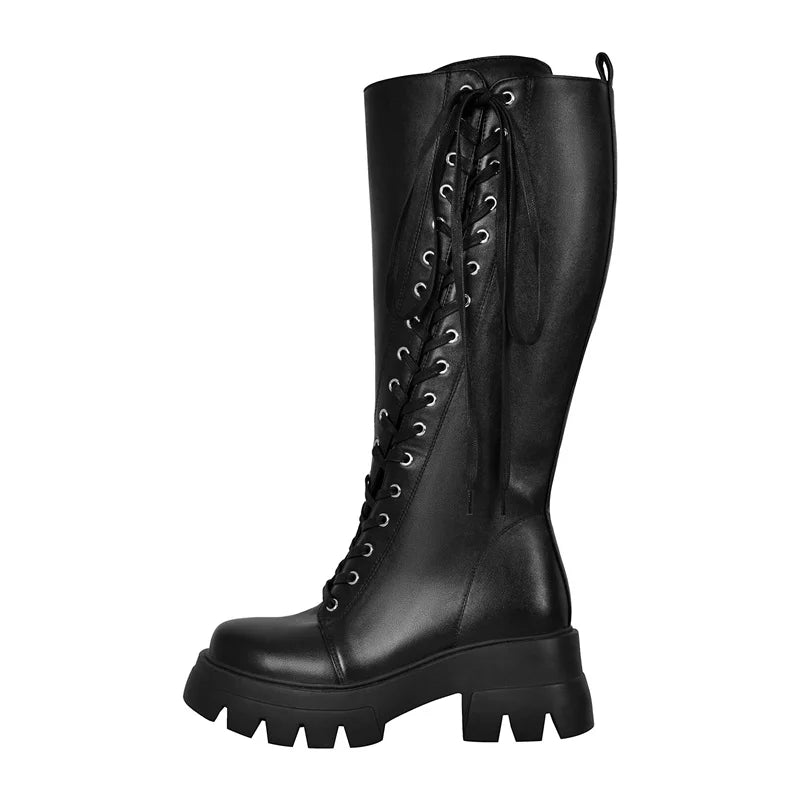 Onlymaker Women Silver Knee High Boots Round Toe Side Zipper Matte  Lace UP Plus Size Female Punk Boots