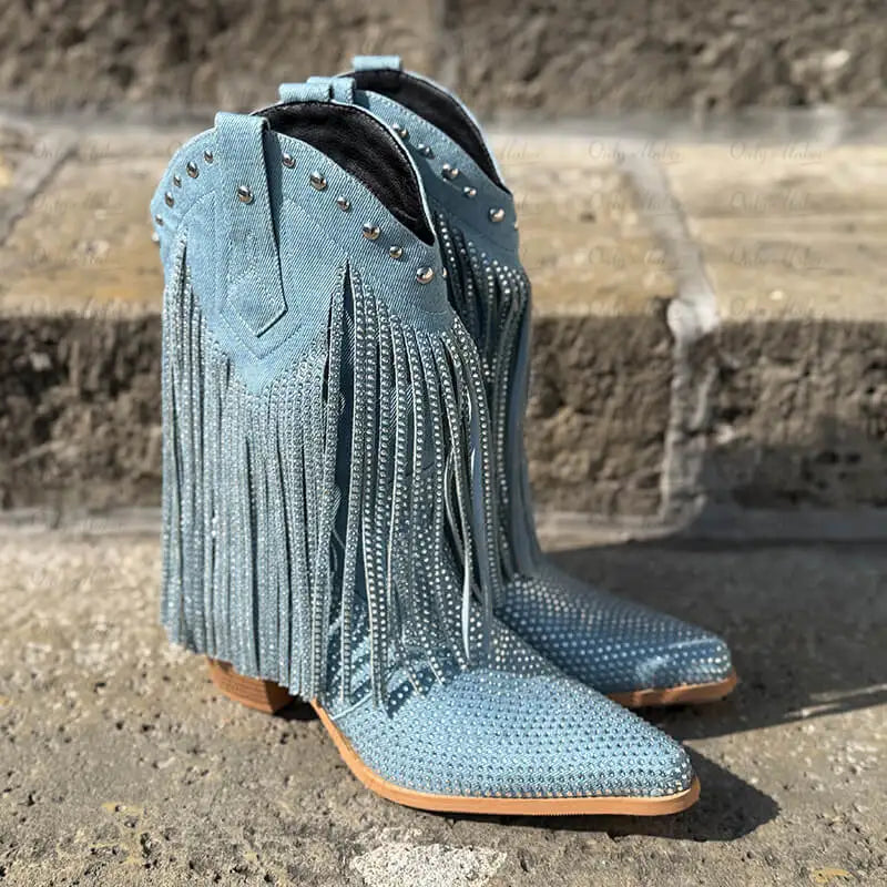 Female Rhinestone Fringe Mid-Calf Cowboy Boots Bling Party Big Size Women Boots