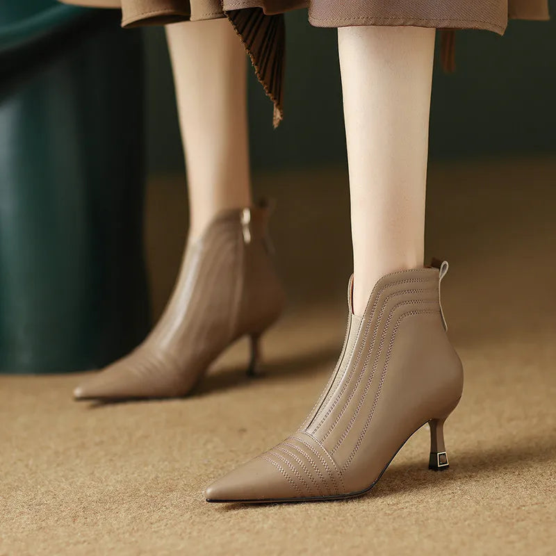 Sexy Pointed Toe Women Full Genuine Leather Ankle Boots Slip On Solid Color Super High Thin Heels Handmade For 42
