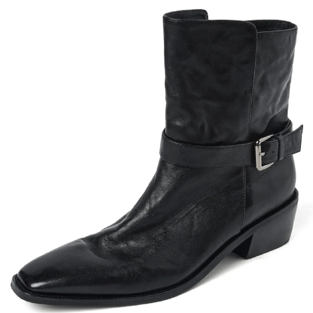 New Quality Women Handmade Genuine Leather Mid Heels Ankle Boots Sexy Square Toe Western Female High Boots 34-40