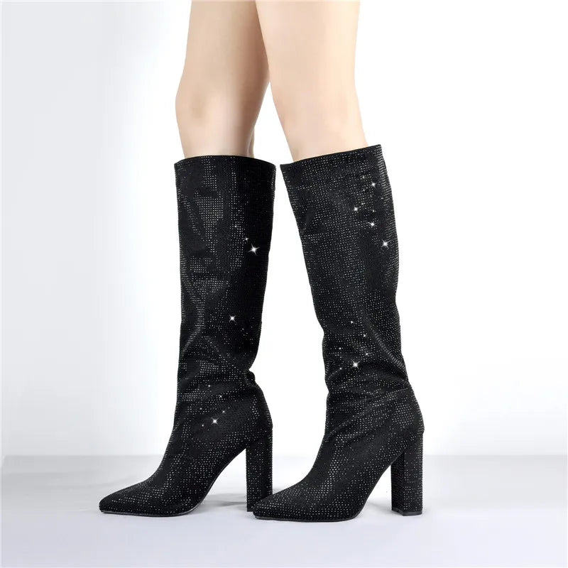 Onlymaker Women Pointed Toe Zipper Square Heels Boots Luxury  Rhinestones Bling Fashion Party Dress Big Size Lady Boots